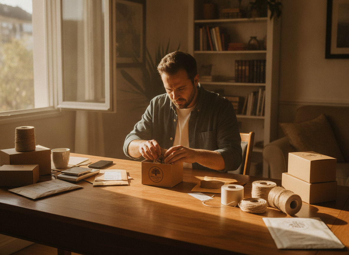 small business owner packing products